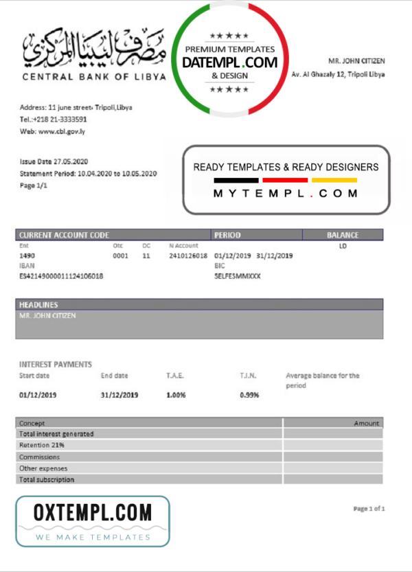 editable template, Libya Central Bank of Libya proof of address bank statement template in Word and PDF format (.doc and .pdf)