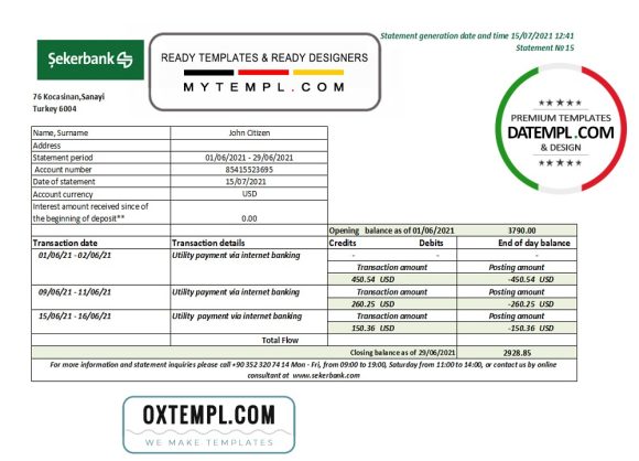 editable template, Turkey Sekerbank Bank statement easy to fill template in Excel and PDF format