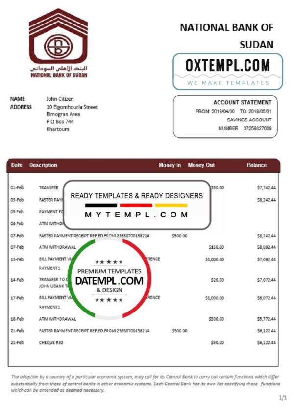 editable template, Sudan National Bank of Sudan bank statement template in Word and PDF format