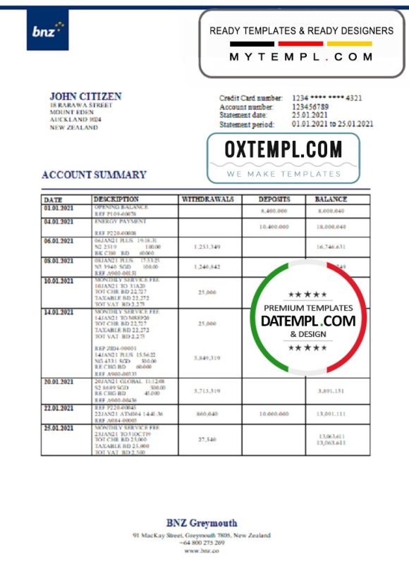 editable template, New Zealand BNZ Greymouth bank statement template in Word and PDF format