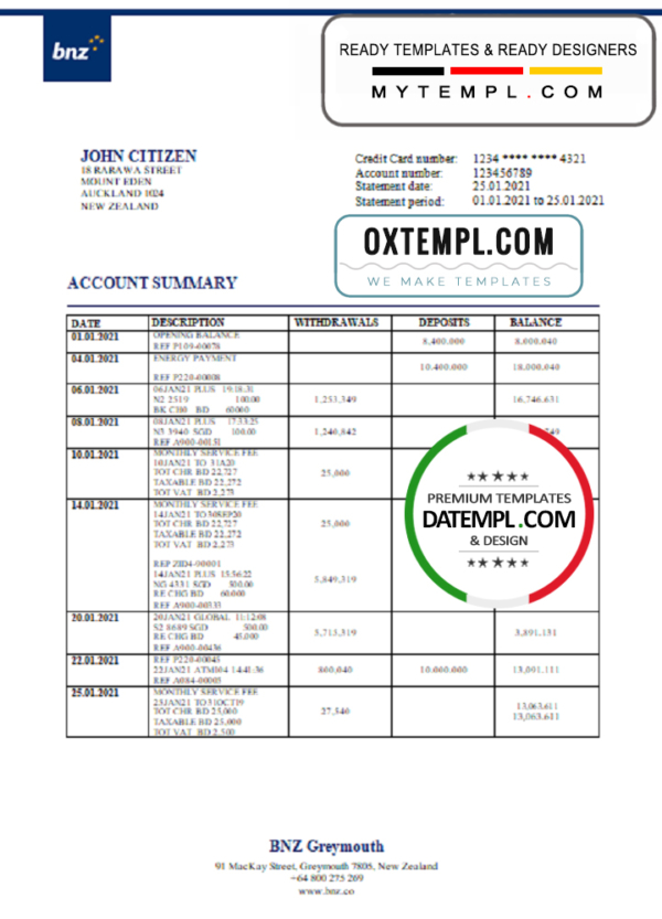 editable template, New Zealand BNZ Greymouth bank statement template in Word and PDF format