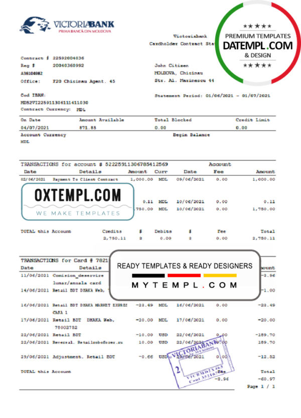 editable template, Moldova Victoriabank bank statement easy to fill template in Excel and PDF format