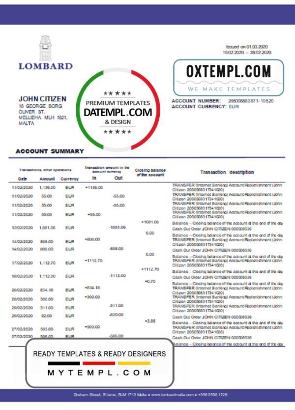 editable template, Malta Lombard Bank Malta p.l.c bank statement template in Word and PDF format