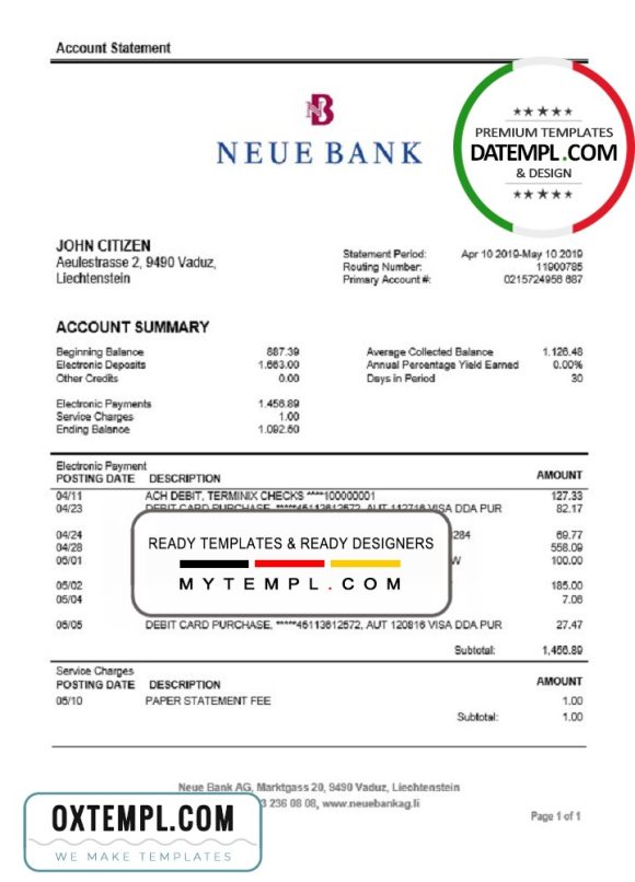 editable template, Liechtenstein Neue Bank AG proof of address statement template in Word and PDF format