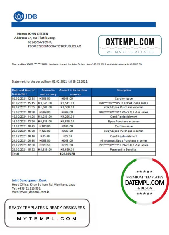editable template, Laos Joint Development Bank (JDB) statement easy to fill template in .xls and .pdf file format