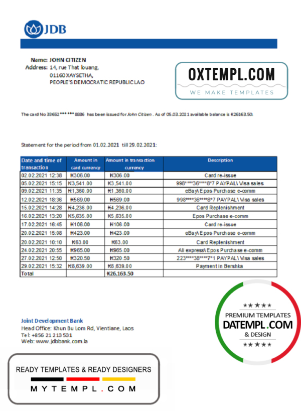 editable template, Laos Joint Development Bank (JDB) statement easy to fill template in .xls and .pdf file format