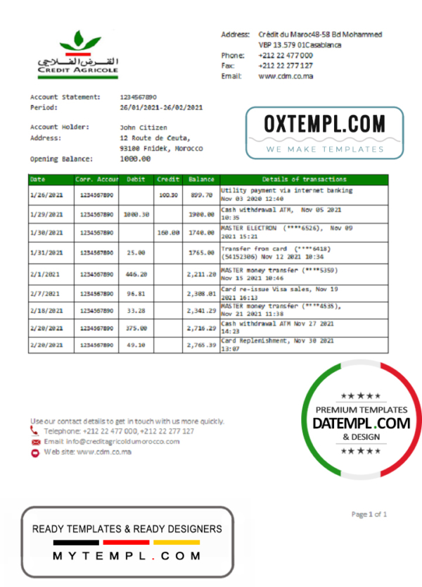 editable template, Morocco Credit Agricole Bank statement template in Excel and PDF format