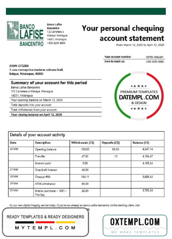 editable template, Nicaragua Banco Lafise Bancentro bank statement template, Word and PDF format (.doc and .pdf)