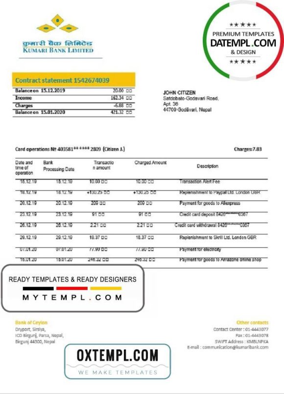 editable template, Nepal Kumari Bank proof of address statement template in Word and PDF format