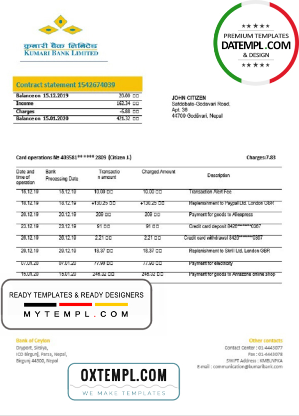 editable template, Nepal Kumari Bank proof of address statement template in Word and PDF format