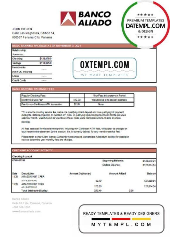 editable template, Panama Banco Aliado bank statement easy to fill template in Excel and PDF format