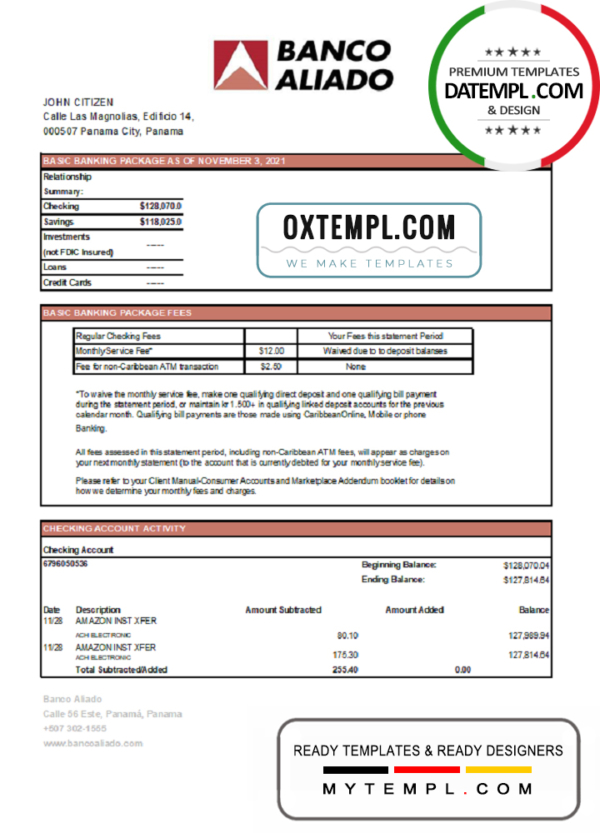 editable template, Panama Banco Aliado bank statement easy to fill template in Excel and PDF format