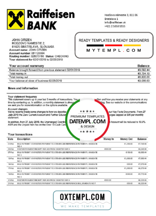 editable template, Slovakia Raiffeisen Bank statement template, Word and PDF format (.doc and .pdf)