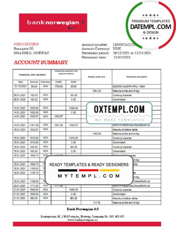 editable template, Norway Bank Norwegian AS bank statement easy to fill template in .xls and .pdf file format