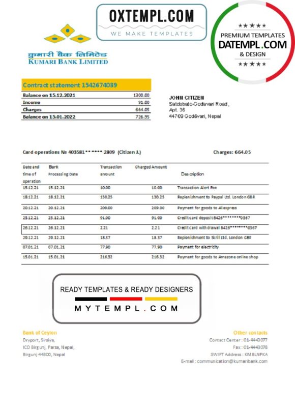 editable template, Nepal Kumari Bank statement template in Excel and PDF format