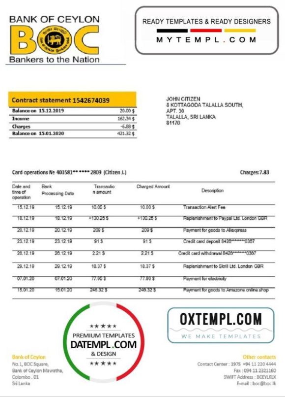 editable template, Sri Lanka Bank of Ceylon bank statement template in Word and PDF format, good for address prove