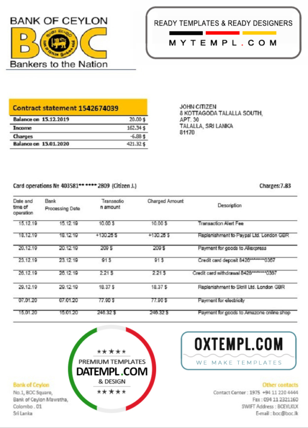 editable template, Sri Lanka Bank of Ceylon bank statement template in Word and PDF format, good for address prove