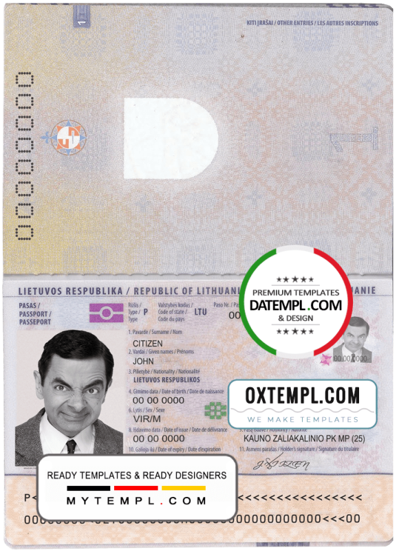 editable template, Lithuania passport template in psd format, fully editable, with all fonts