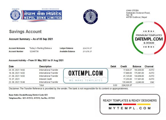 editable template, Nepal Bank Nepal bank statement easy to fill template in Excel and PDF format