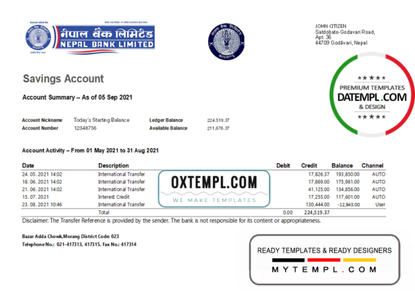 editable template, Nepal Bank Nepal bank statement easy to fill template in Excel and PDF format
