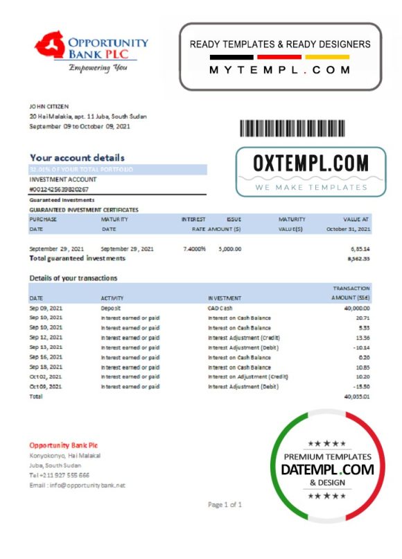 editable template, South Sudan Opportunity Bank statement easy to fill template in .xls and .pdf file format
