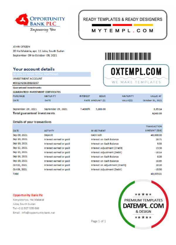 editable template, South Sudan Opportunity Bank statement easy to fill template in .xls and .pdf file format