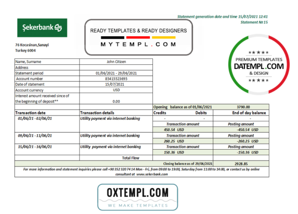 editable template, Turkey Sekerbank bank statement template in .doc and .pdf format, fully editable