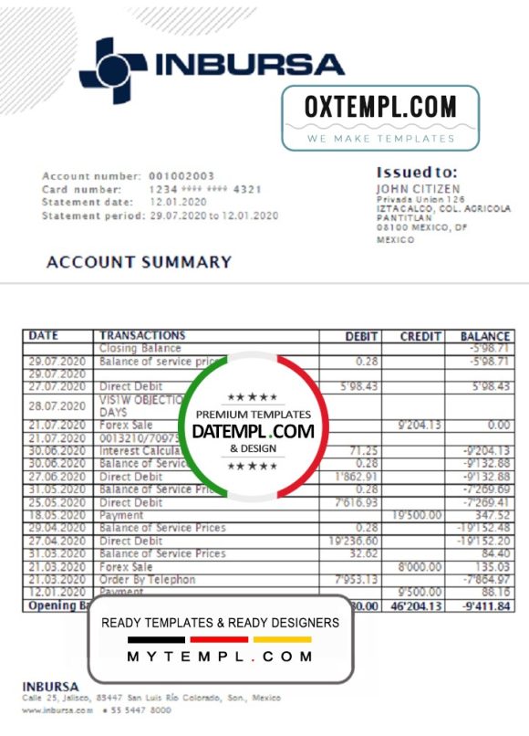 editable template, Mexico Inbursa Bank statement template in Word and PDF format, good for address prove