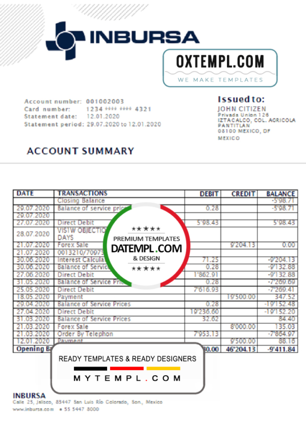 editable template, Mexico Inbursa Bank statement template in Word and PDF format, good for address prove