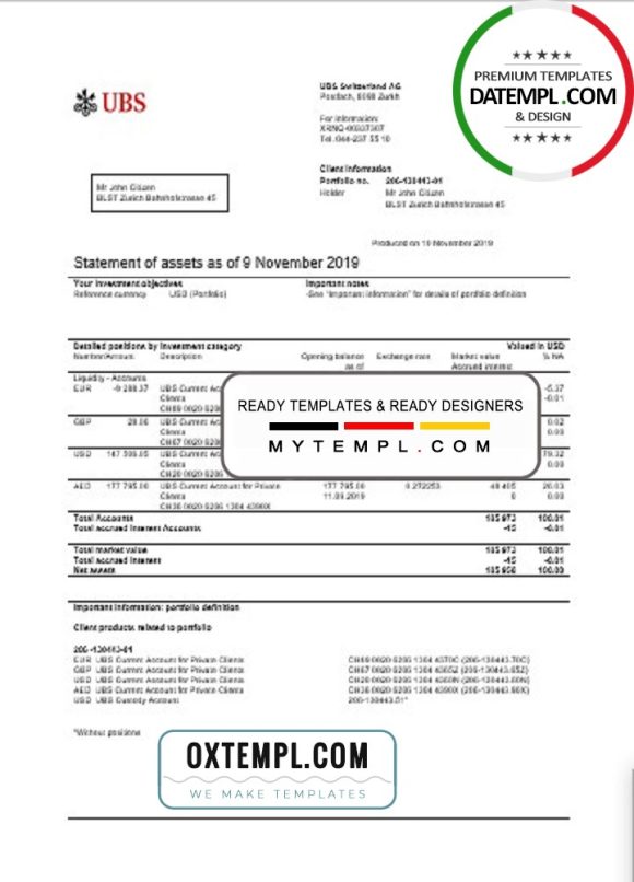 editable template, Switzerland UBS bank statement template in .xls and .pdf file format, Version 2