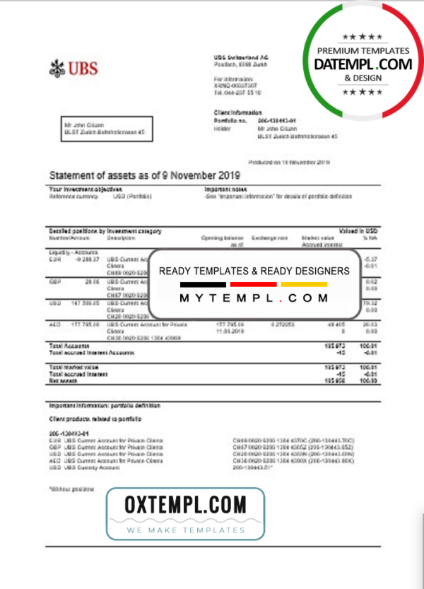 editable template, Switzerland UBS bank statement template in .xls and .pdf file format, Version 2