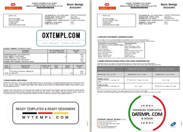 editable template, Malaysia AmBank Islamic bank statement template in Excel and PDF format (2 pages)