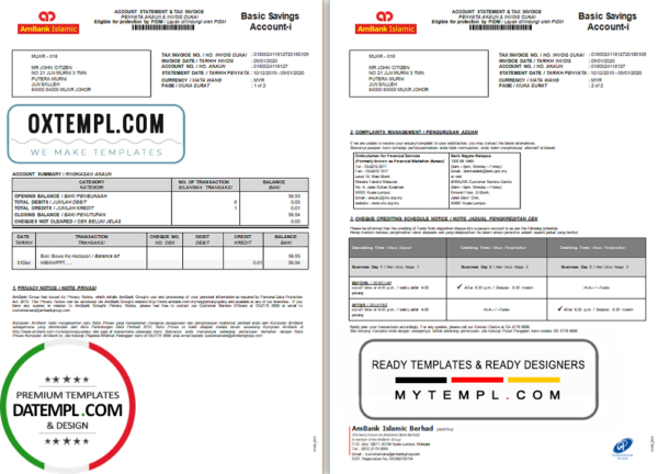 editable template, Malaysia AmBank Islamic bank statement template in Word and PDF format (2 pages)