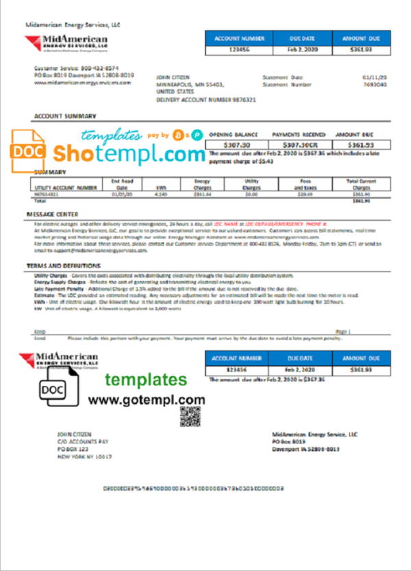 editable template, USA Iowa MidAmerican Energy Services utility bill template in Word and PDF format