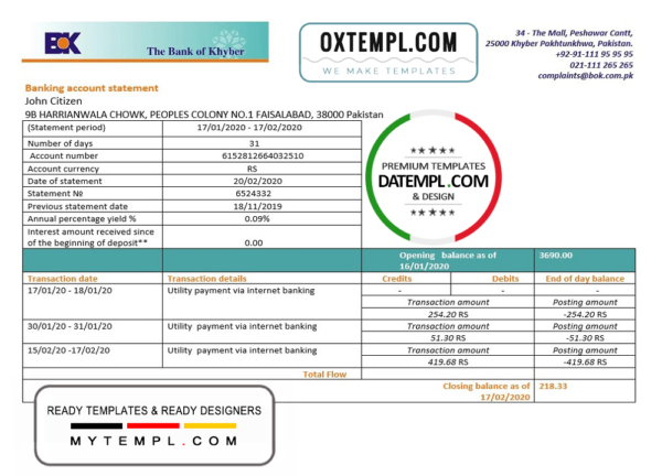editable template, Pakistan The Bank of Khyber bank proof of address statement template in Word and PDF format, .doc and .pdf format