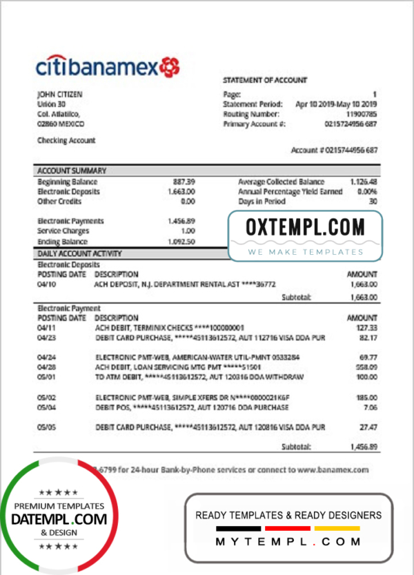 editable template, Mexico Citibanamex bank proof of address statement template in Word and PDF format