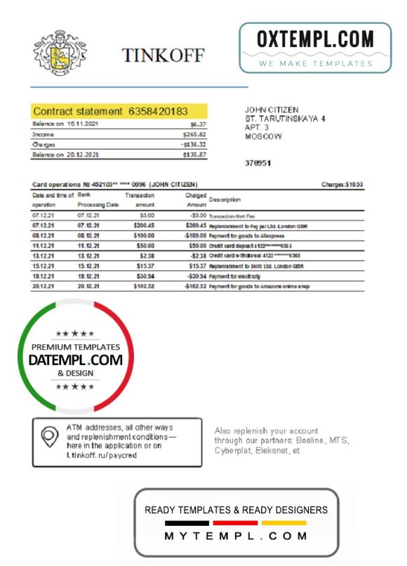 editable template, Russia Tinkoff bank proof of address statement (English version) template in Excel and PDF format