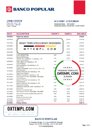 Portugal Banco Popular bank statement in Word and PDF format