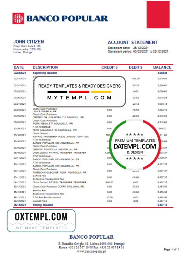 editable template, Portugal Banco Popular bank statement in Word and PDF format