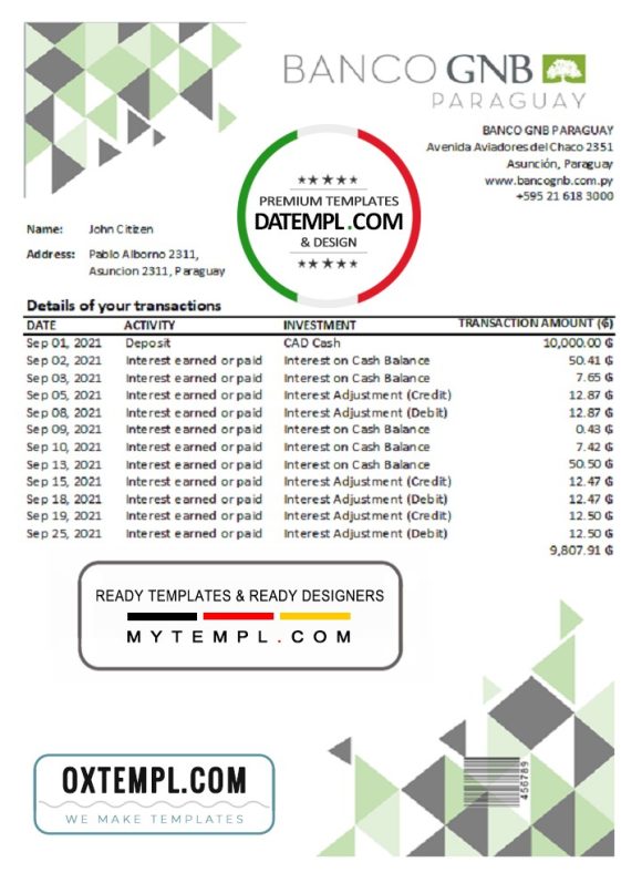 editable template, Paraguay Banco Continental S.A.E.C.A. bank statement easy to fill template in .xls and .pdf file format