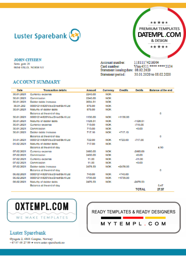 editable template, Norway Luster Sparebank bank statement easy to fill template in Word and PDF format