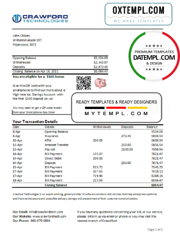editable template, Netherlands (Holland) Crawford Technologies Bank statement easy to fill template in Excel and PDF format