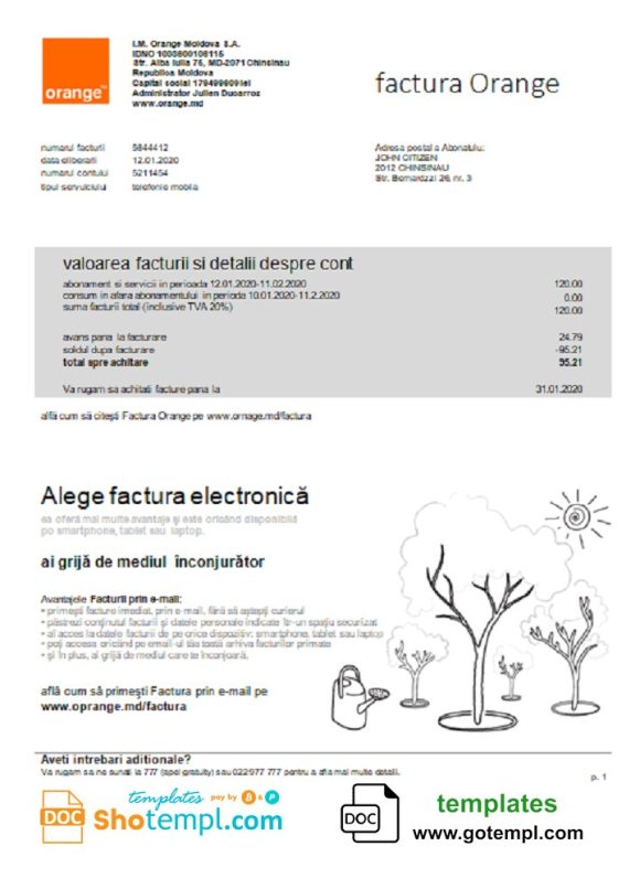 editable template, Moldova Orange Factura utility bill template in Word and PDF format