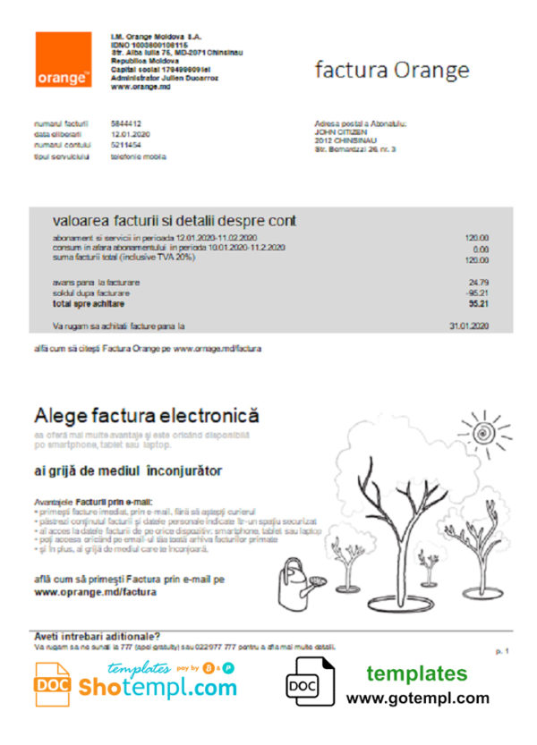 editable template, Moldova Orange Factura utility bill template in Word and PDF format