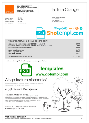 editable template, Moldova Orange utility bill template, fully editable in PSD format