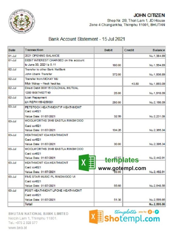 editable template, Bhutan National Bank statement easy to fill template in Excel and PDF format