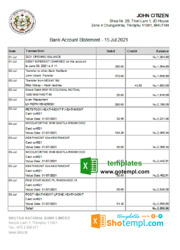 editable template, Bhutan National Bank statement easy to fill template in Excel and PDF format