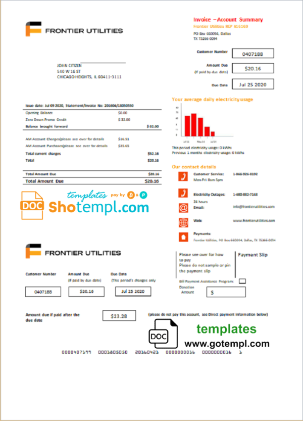 editable template, USA Texas Frontier Utilities utility bill template in Word and PDF format