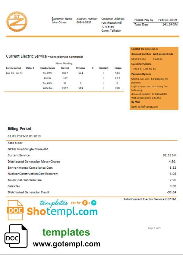 editable template, Tajikistan Barqi Tojik Company electricity utility bill template in Word and PDF format