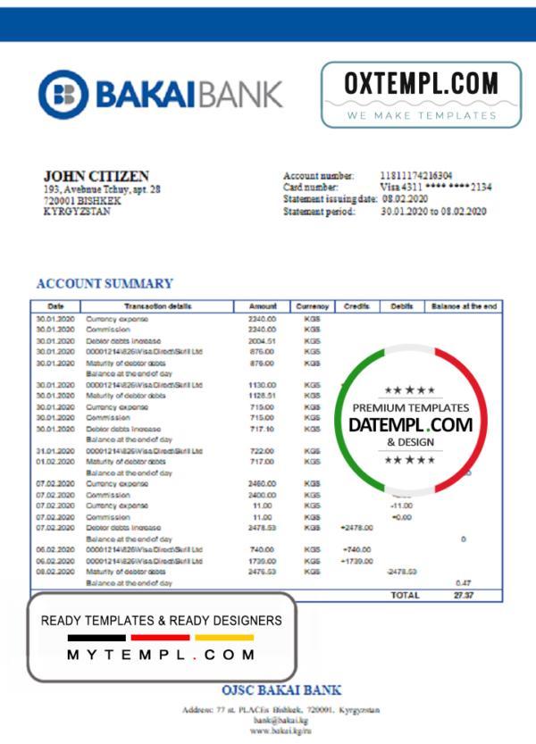 editable template, Kyrgyzstan OJSC Bakai Bank proof of address bank statement template in Word and PDF format